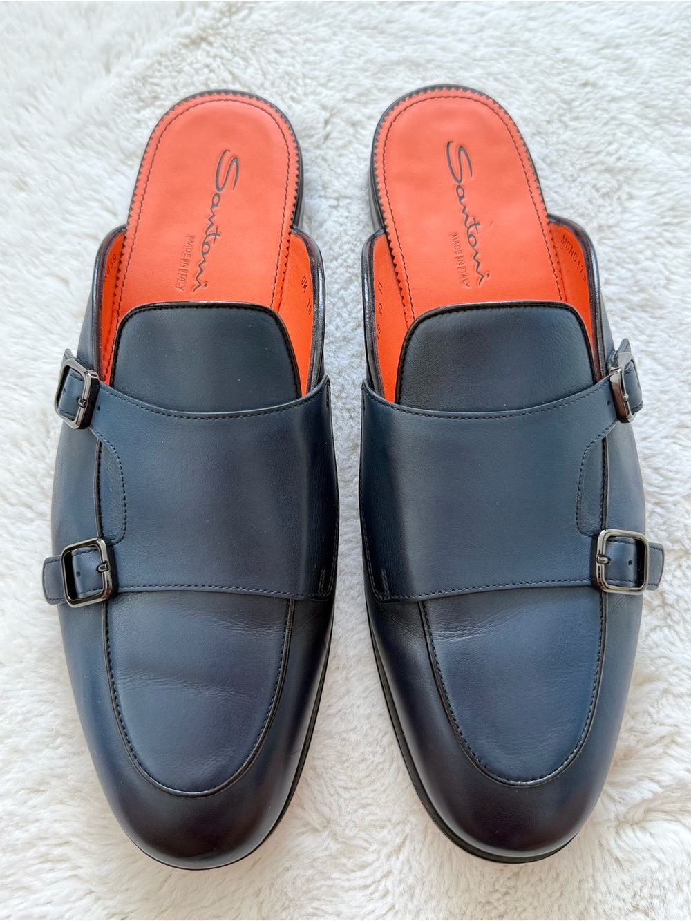 Santoni blue leather double buckle monk mules slip on size 10 UK/11 US 980$